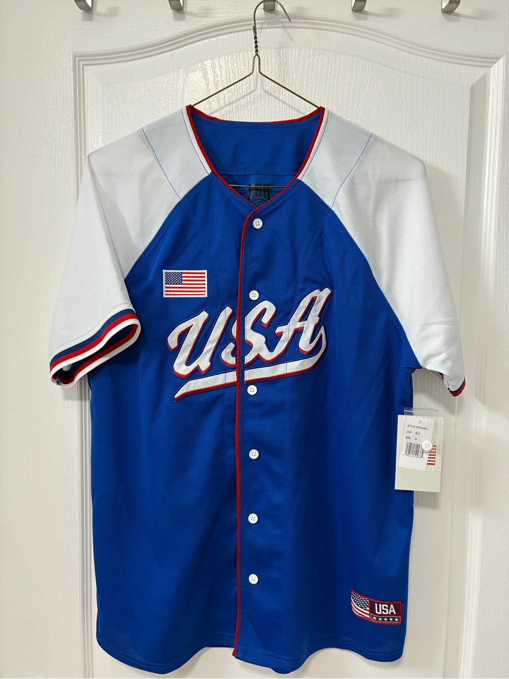 USA Patriotic Men Blue and White Baseball Jersey with Red Trim Size Medium